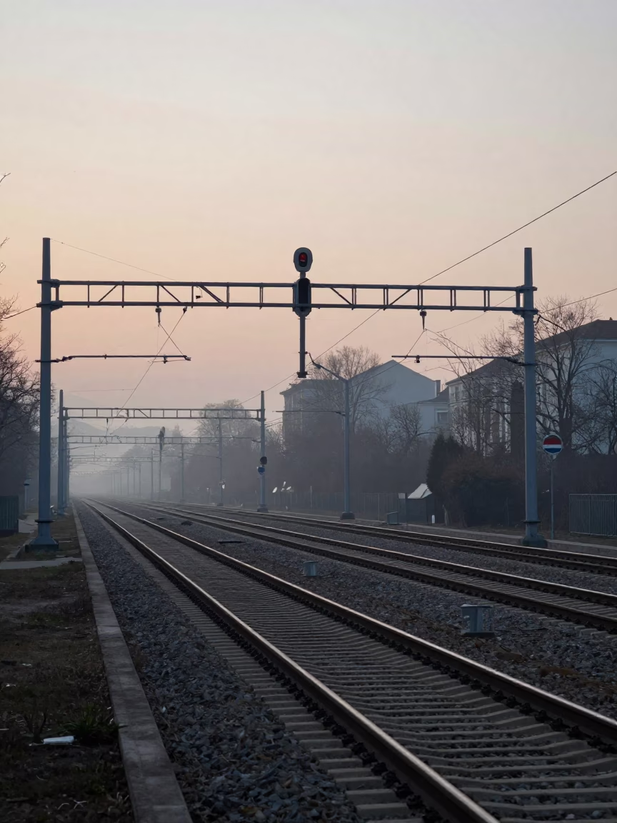 Budapest Morning Commute Before Dawn Signal Gantry and Rail Lines in Mist in in Budapest, Hungary