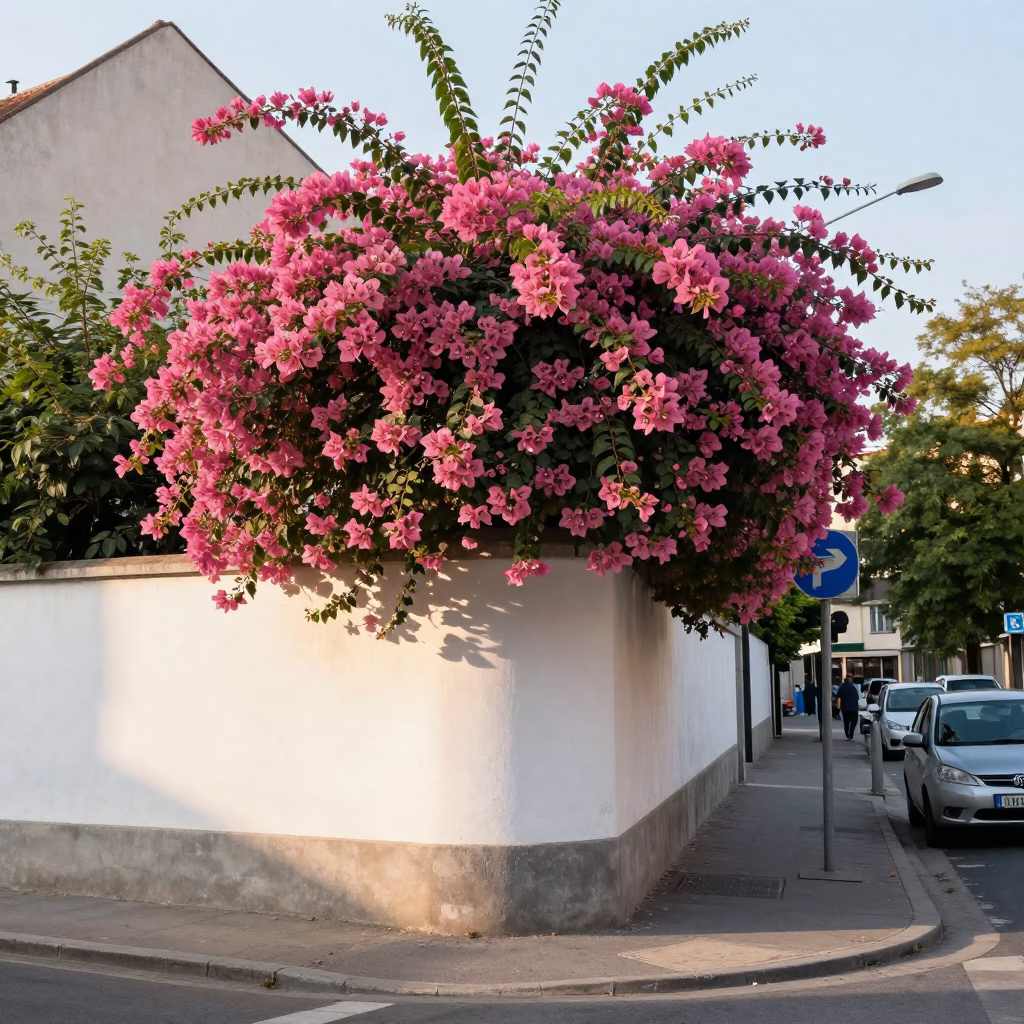 Budapest Morning Commute Past White Garden Wall with Bougainvillea Cascade in in Budapest, Hungary