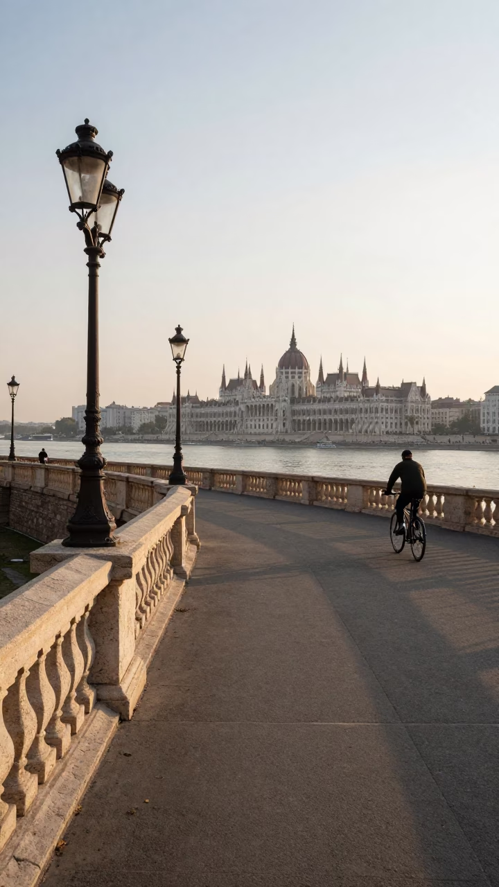 Budapest Morning Light on Danube Promenade with Cyclist and Historic Architecture in in Budapest, Hungary