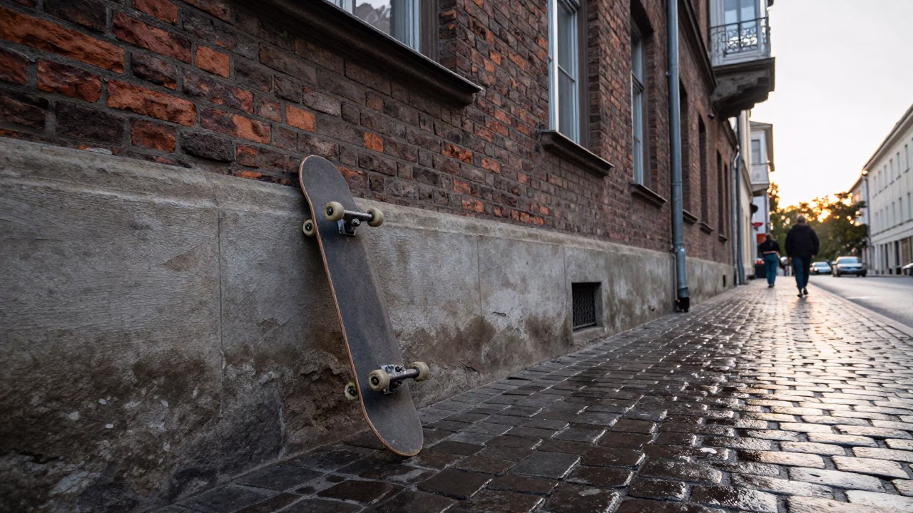 Budapest Morning Street Scene with Skater and Reflection in in Budapest, Hungary