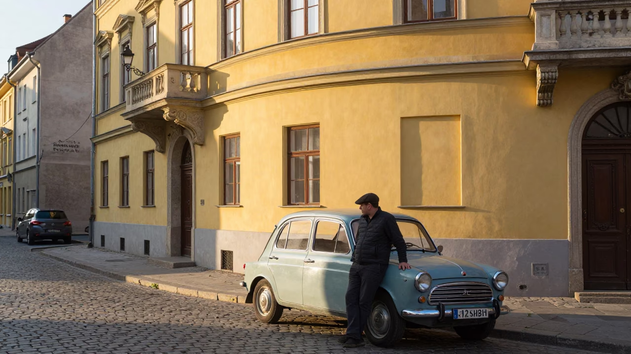 Budapest Morning Street Scene with Vintage Car and Local Market Vendor After Sunrise in in Budapest, Hungary