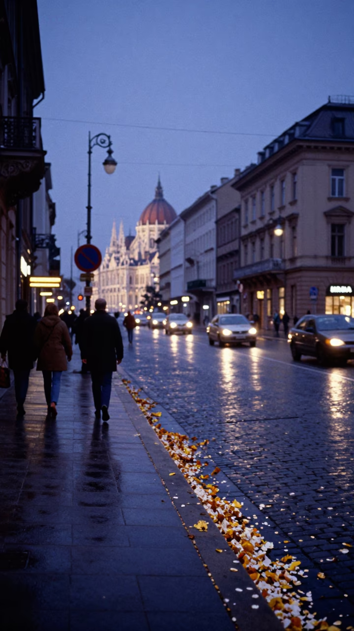 Budapest Nautical Dawn Street Scene with Fallen Petals and Spillway Mist in in Budapest, Hungary