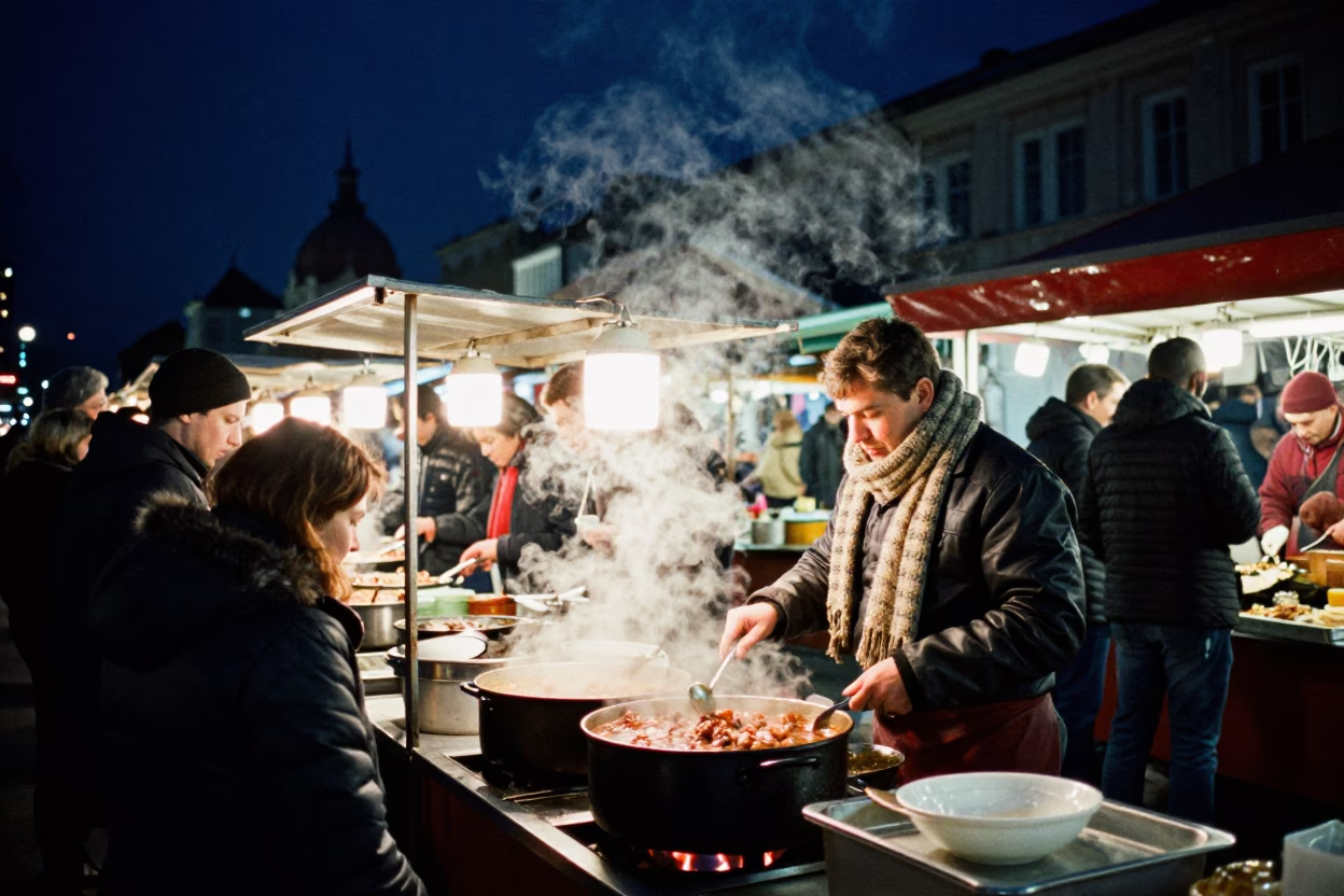 Budapest Night Market Stall Under Deep Sky with Vendor and Customers in in Budapest, Hungary