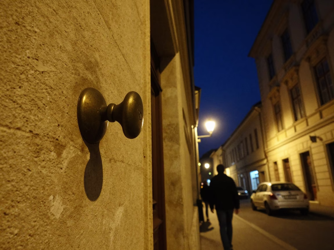 Budapest Night Scene Under Deepest Sky with Vintage Doorknob Detail in in Budapest, Hungary