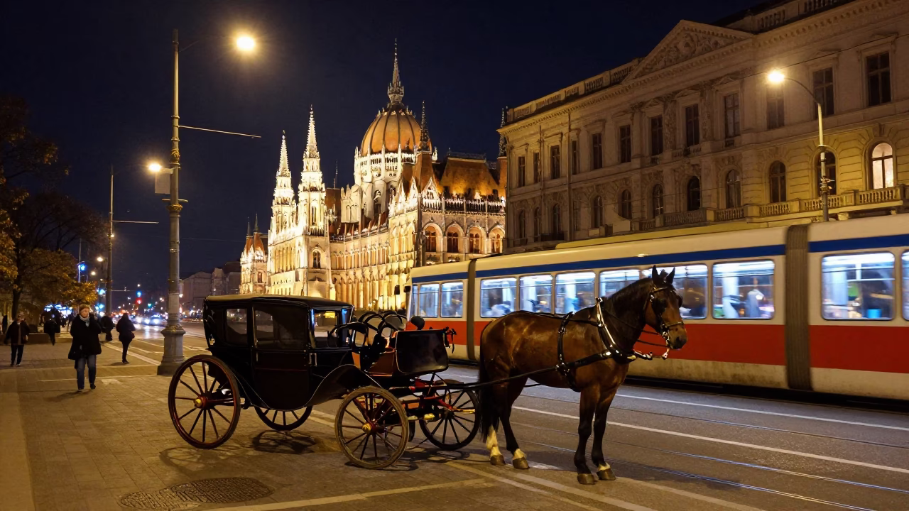 Budapest Night Scene with Horse-Drawn Carriage and Tram Under Deep Night Sky in in Budapest, Hungary