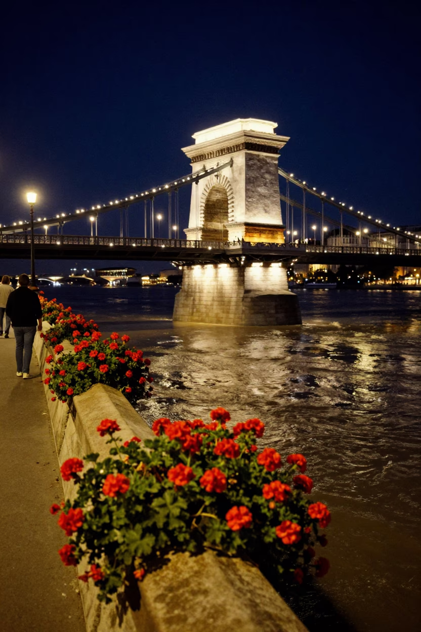 Budapest Night Street Scene with Bridge Pier and Geraniums Under Deep Sky in in Budapest, Hungary