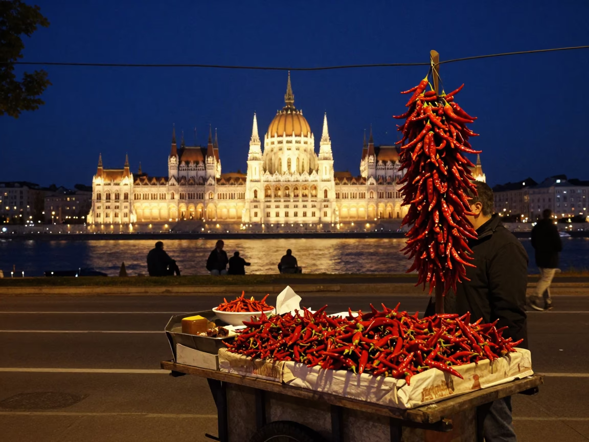 Budapest Night Street Scene with Chili Peppers and Cable Car View in in Budapest, Hungary