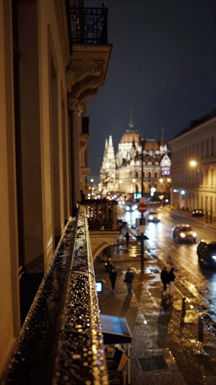 Budapest Night Street Scene with Condensation on Window Sill and Urban Reflections in in Budapest, Hungary