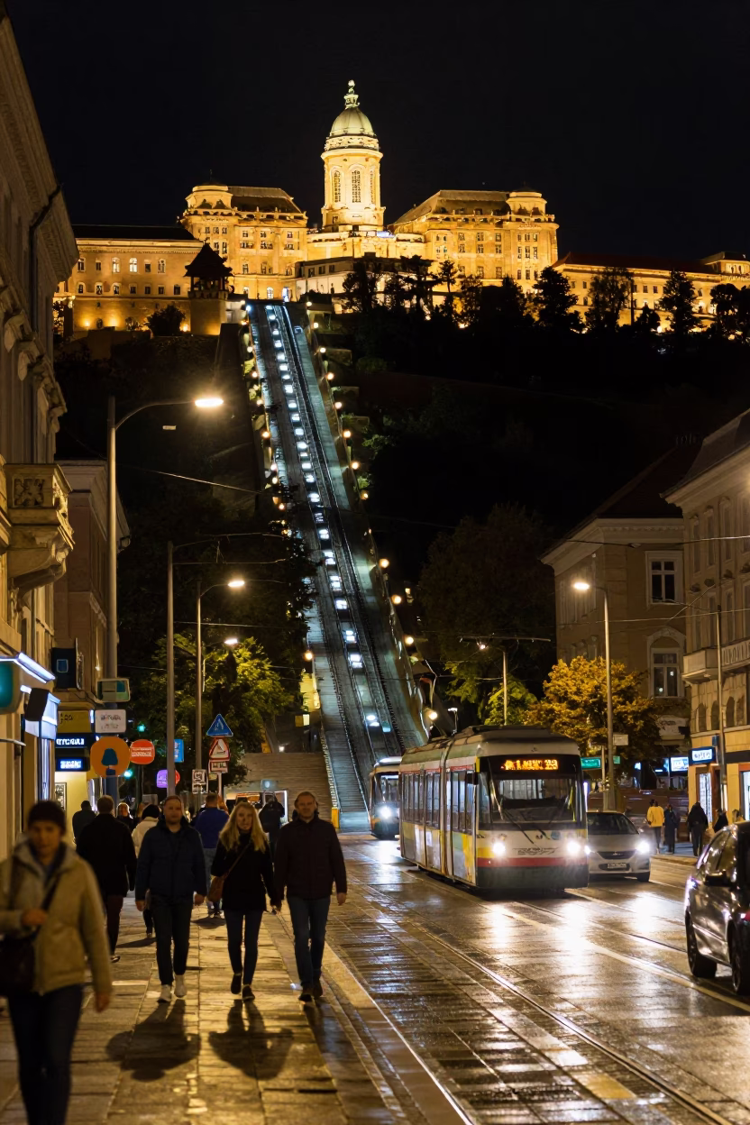 Budapest Night Street Scene with Funicular and Urban Activity in in Budapest, Hungary