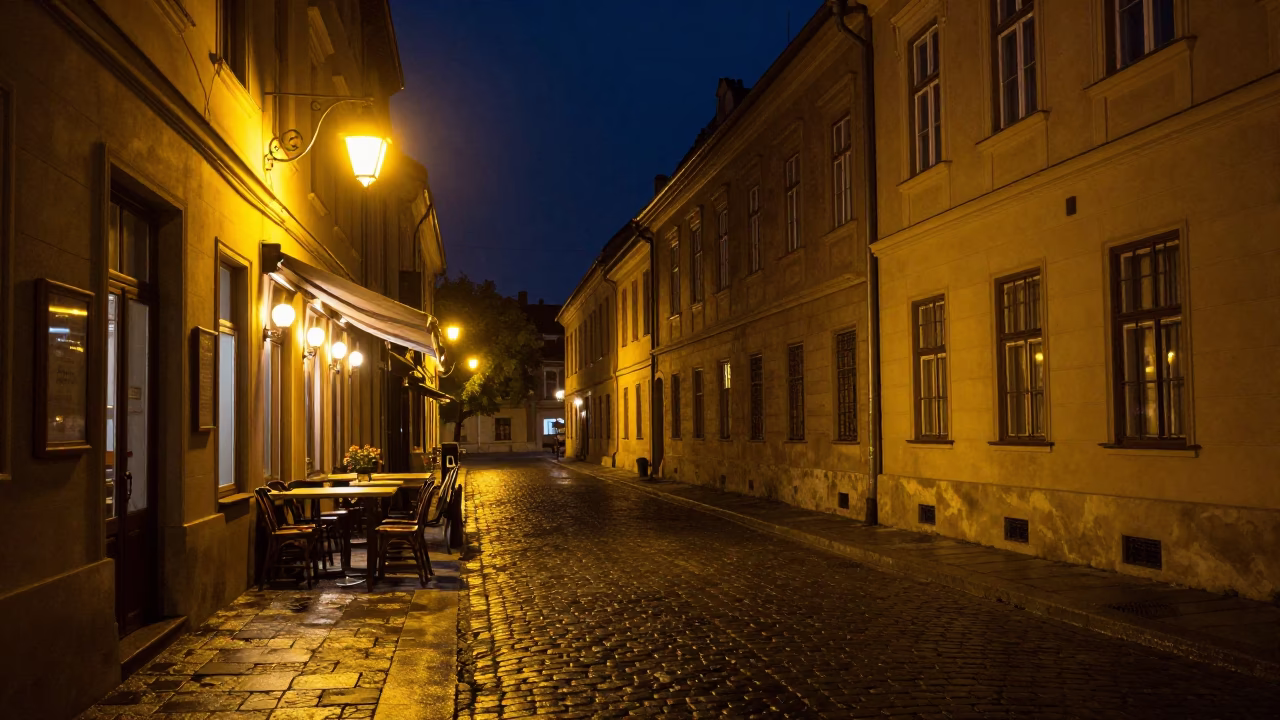 Budapest Night Street Scene with Lantern Light and Traditional Architecture in in Budapest, Hungary