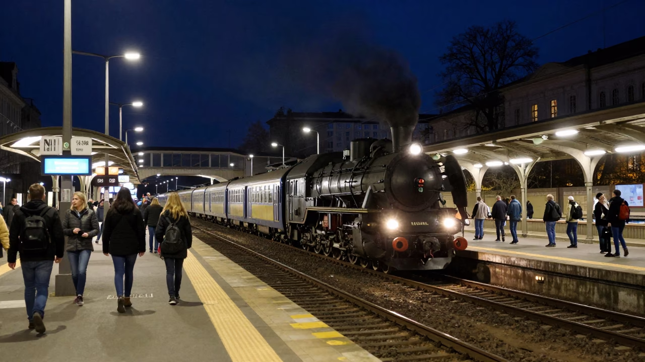 Budapest Night Street Scene with Steam Train Tunnel Exit and Vintage Details in in Budapest, Hungary