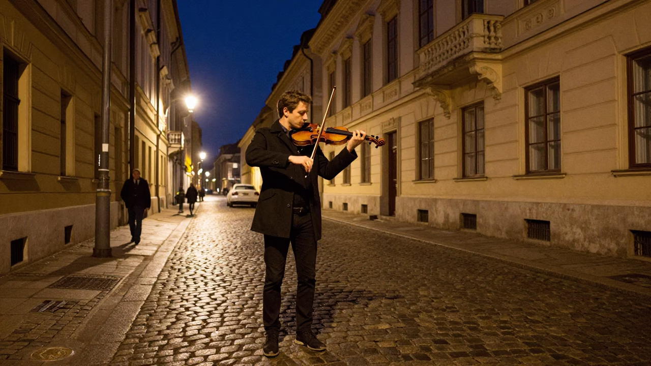 Budapest Night Street Scene with Violin Player and Cobblestone Architecture in in Budapest, Hungary