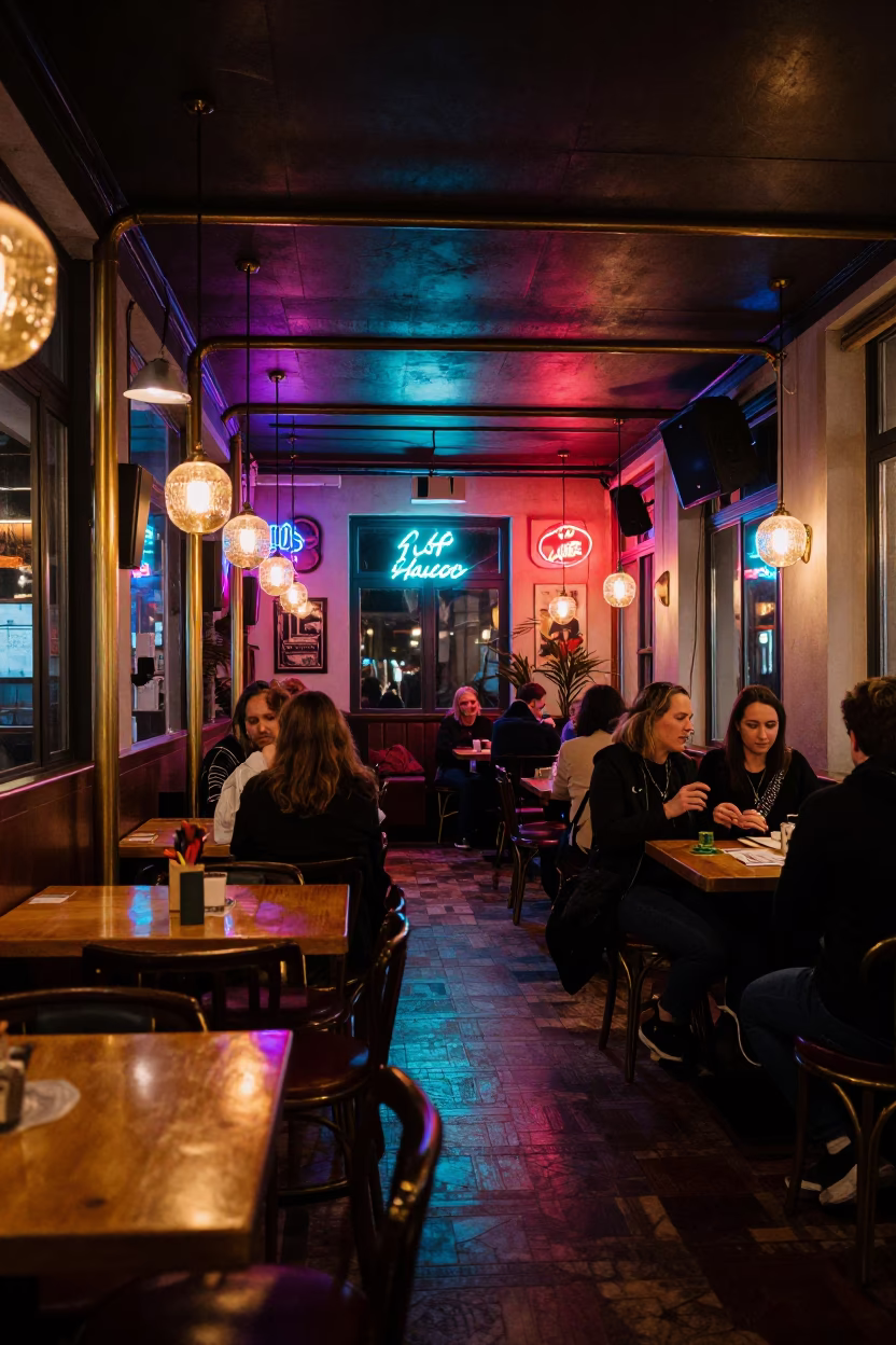 Budapest Nightlife Interior with Polished Brass Furniture and Glass Goblets in in Budapest, Hungary