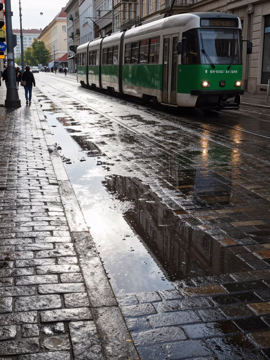 Budapest noon light tram reflection rain cobblestones street scene in in Budapest, Hungary