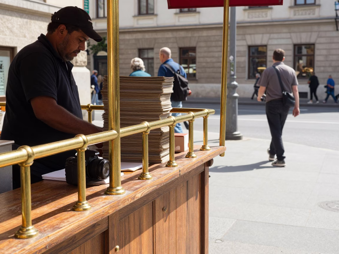 Budapest Noon Street Scene with Polished Brass Rail and Terracotta Bowls in in Budapest, Hungary