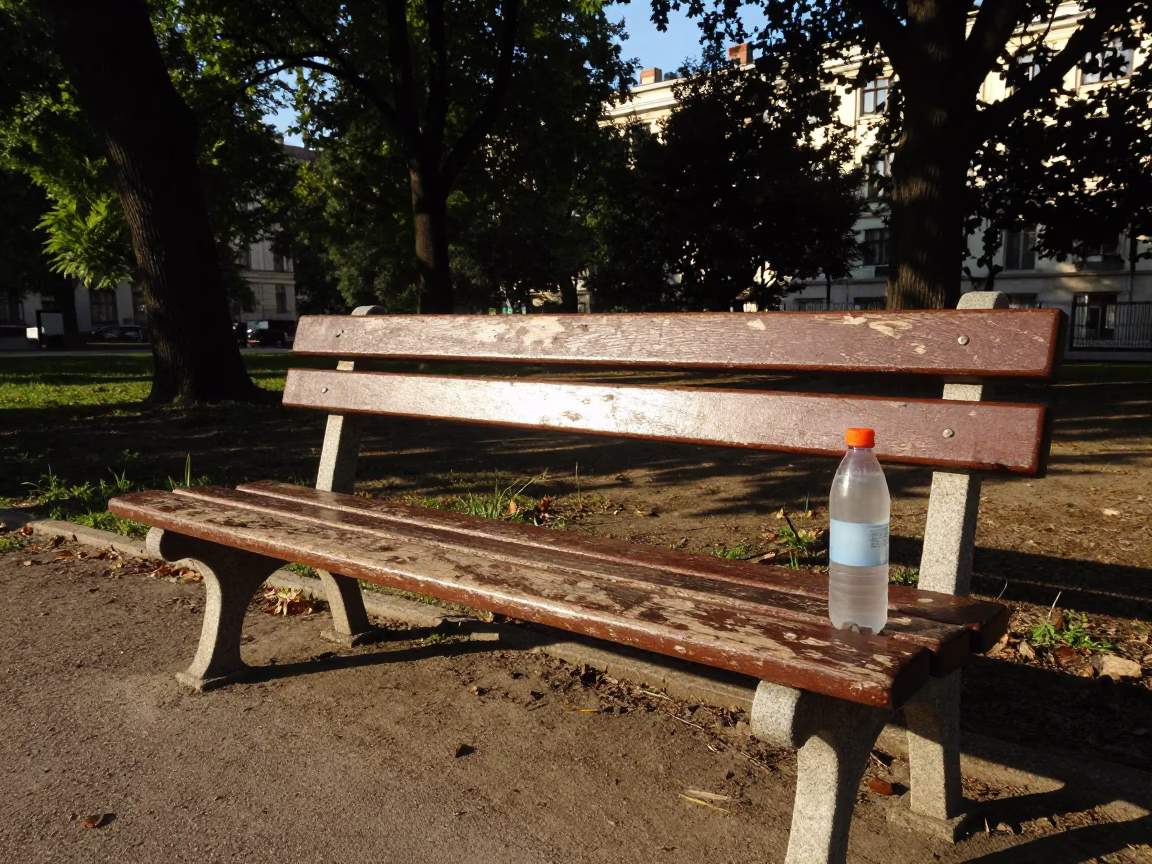 Budapest Park Bench With Worn Varnish and Watering Bottle in in Budapest, Hungary