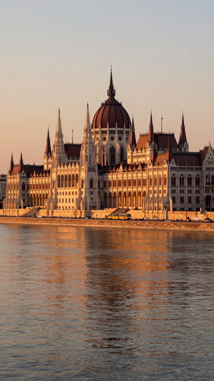 Budapest Parliament Building Sunset Reflection on Danube River with Tram and Cyclist in in Budapest, Hungary