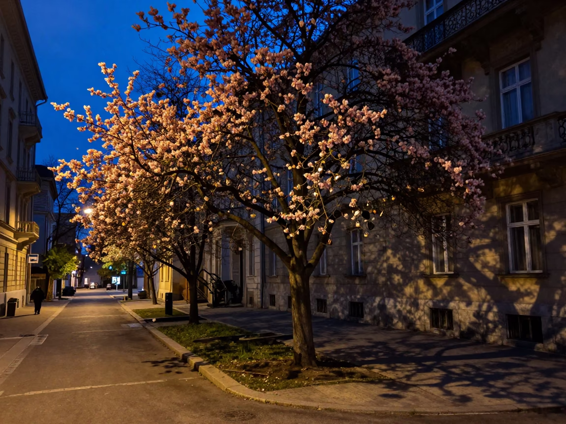 Budapest Predawn Street Scene with Dogwood Tree and Padlock in in Budapest, Hungary