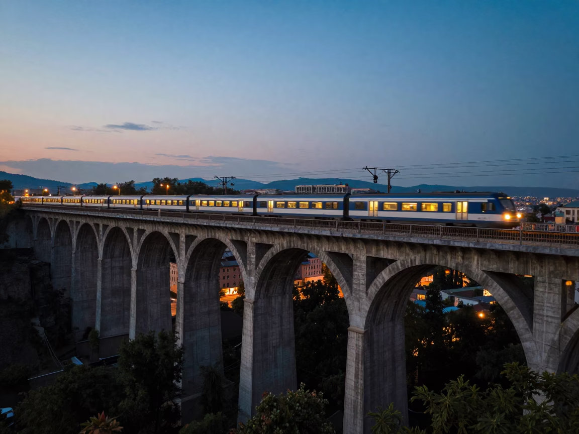 Budapest Railway Viaduct at Dusk with Passing Train and City Lights in in Budapest, Hungary
