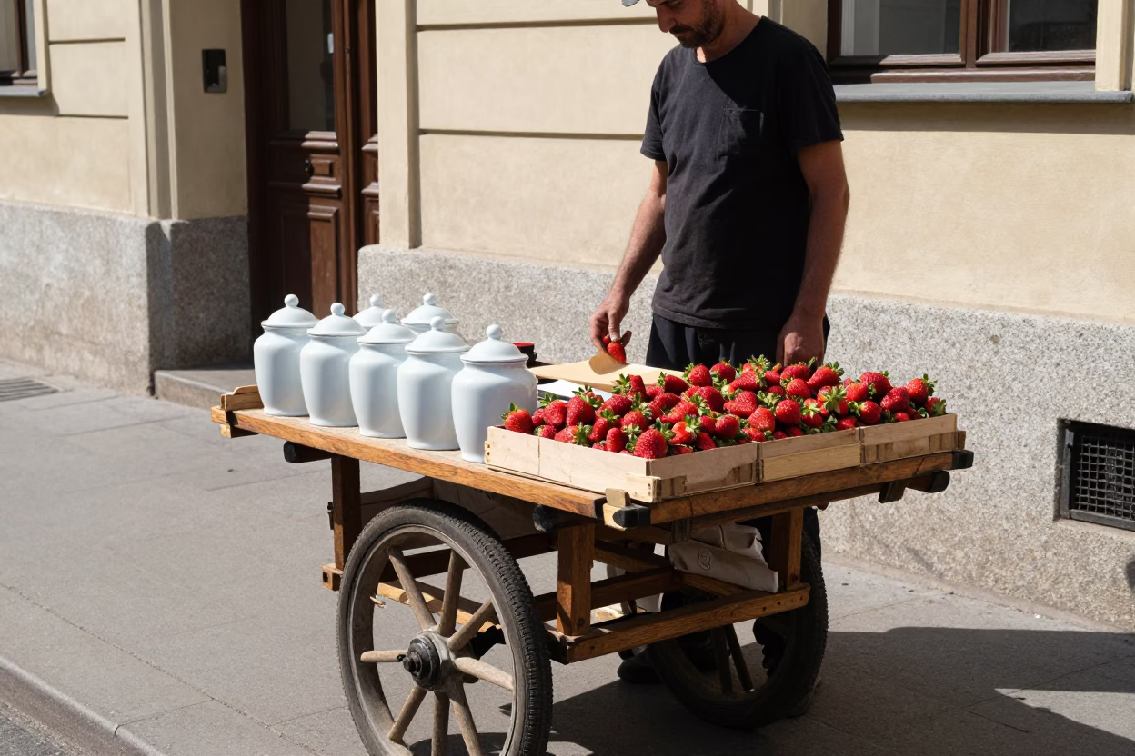 Budapest Strawberries at The Flat Glare Of Noon Light in in Budapest, Hungary