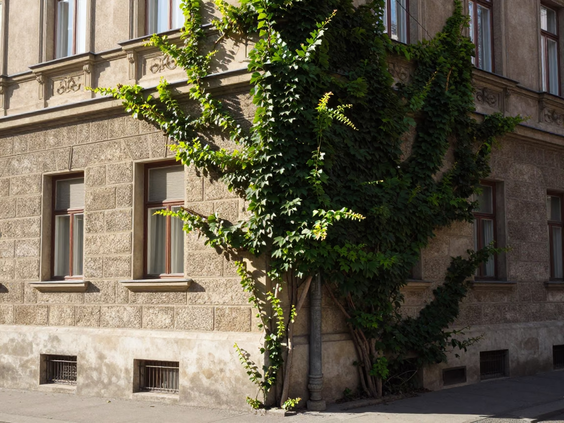 Budapest street corner morning light illuminates ivy vines and white dog in in Budapest, Hungary