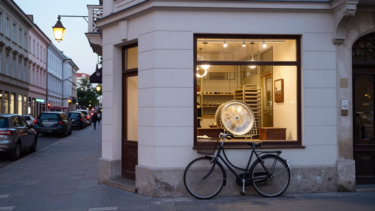 Budapest Street Scene at Dusk with Bicycle and Bakery Display in in Budapest, Hungary