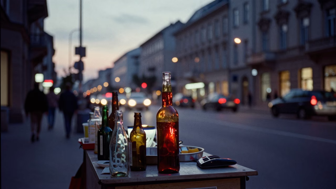 Budapest Street Scene at Dusk with Colored Glass Bottle and Shoehorn in in Budapest, Hungary