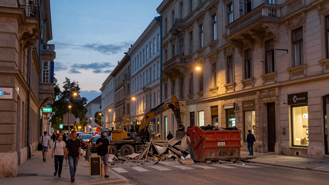 Budapest Street Scene at Dusk with Demolition and Local Life in in Budapest, Hungary