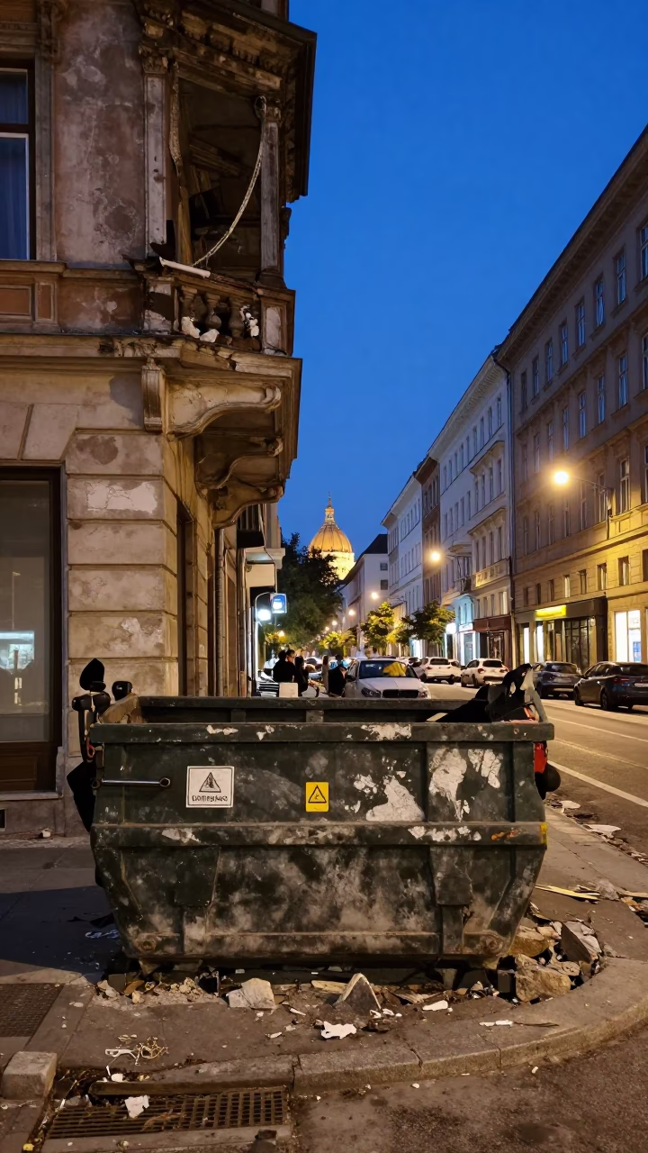 Budapest street scene at dusk with demolition dumpster and ladder-back chair near Danube in in Budapest, Hungary