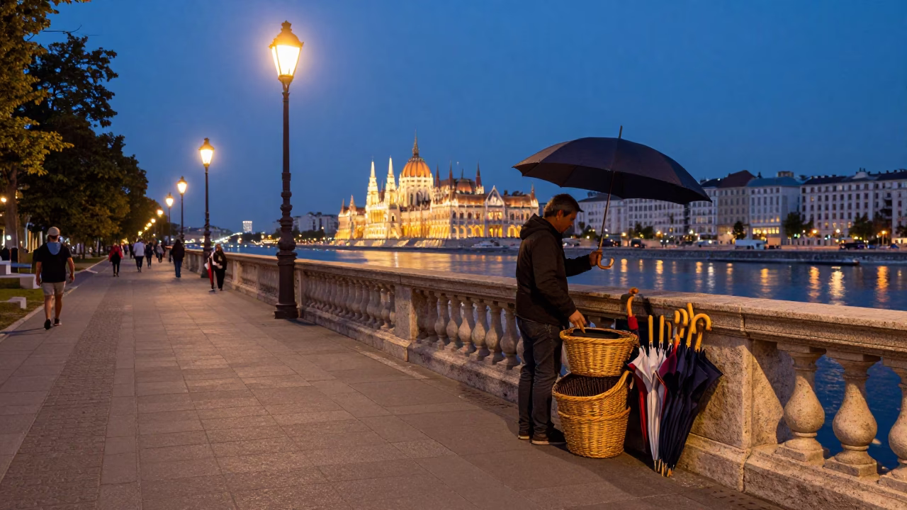 Budapest street scene at dusk with umbrellas and basket near Danube in in Budapest, Hungary
