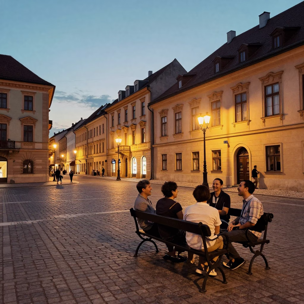 Budapest Street Scene at Dusk with Vintage 1960s Charm and Local Life in in Budapest, Hungary