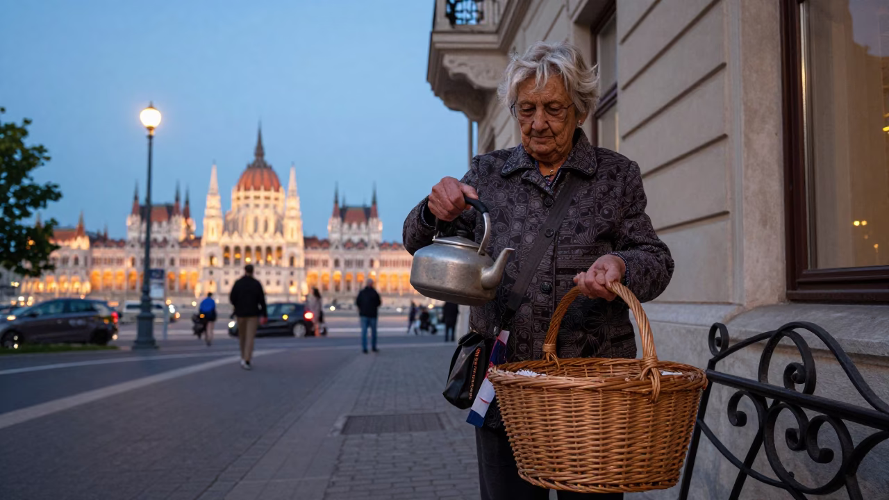 Budapest Street Scene at Dusk with Wicker Basket and Tea Kettle in in Budapest, Hungary