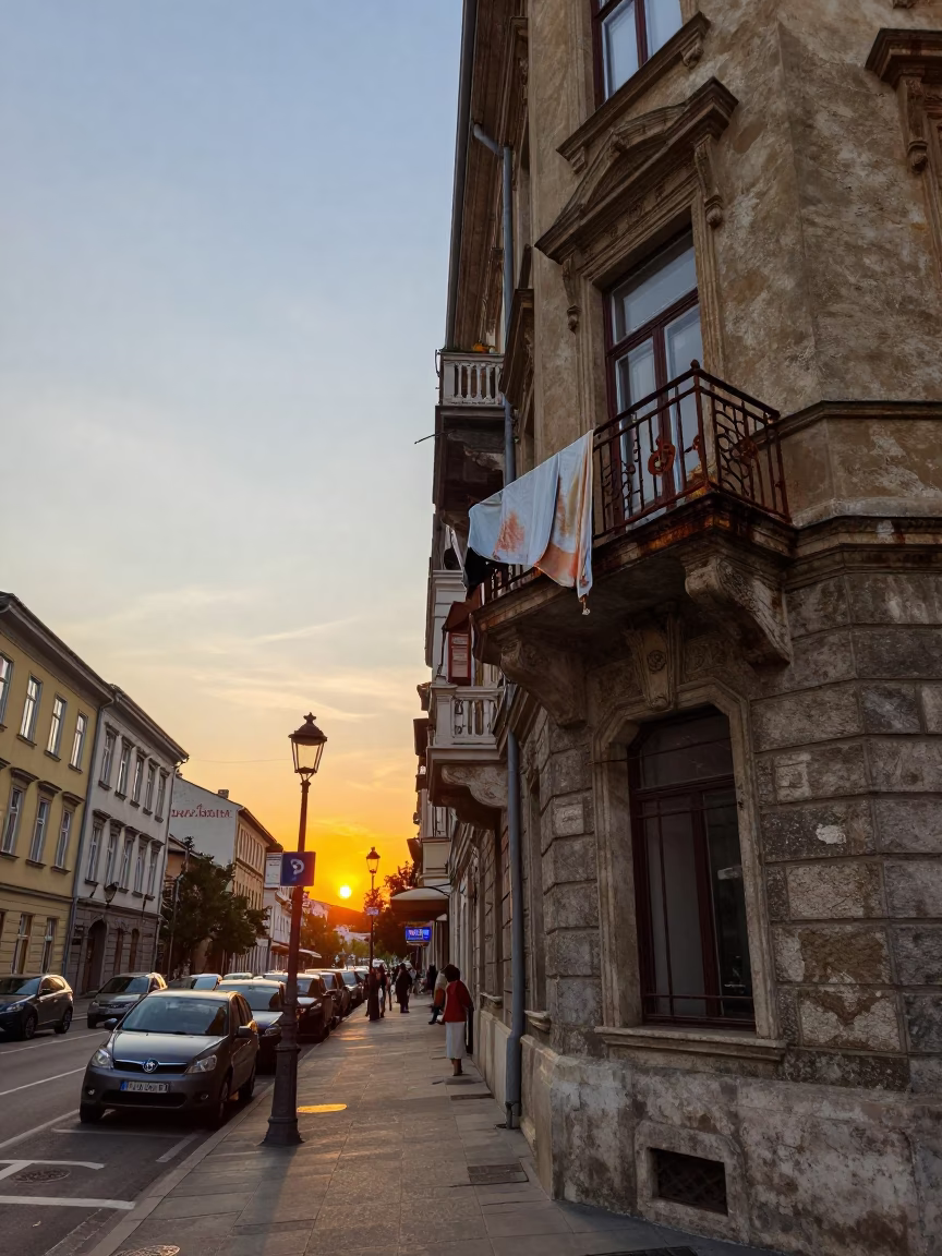 Budapest Street Scene at Sunset with Rusty Balcony and Woven Basket in in Budapest, Hungary