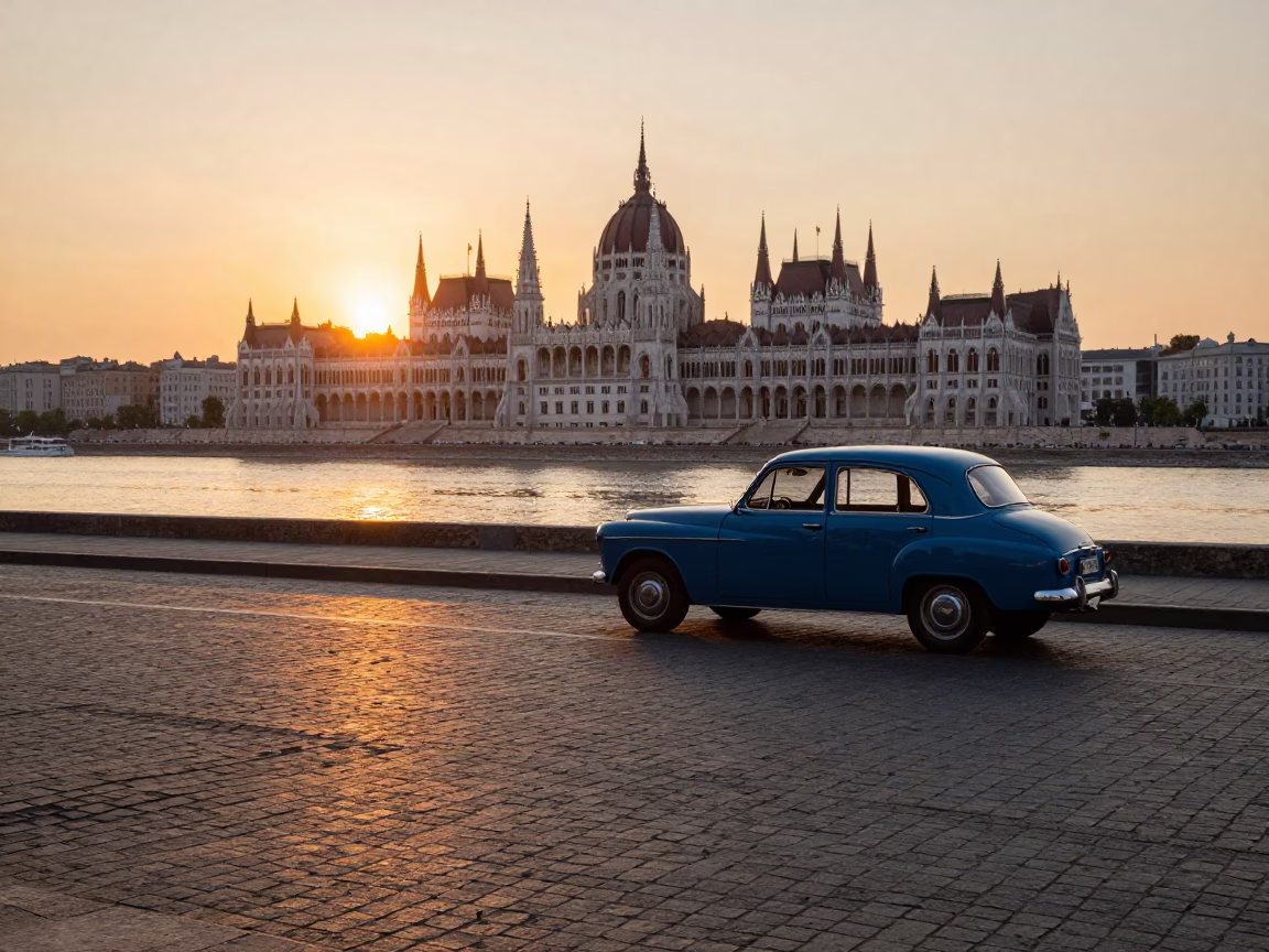 Budapest Street Scene at Sunset with Vintage Car and Local Pedestrians in in Budapest, Hungary