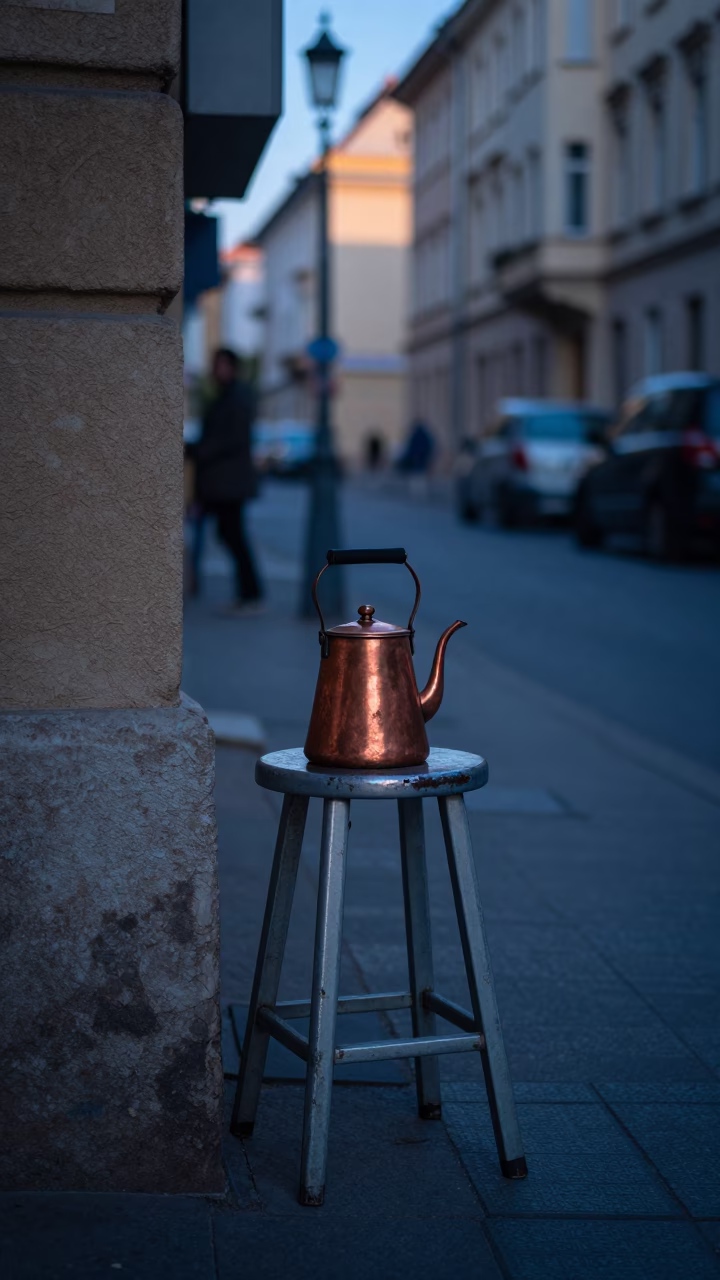 Budapest Street Scene Before Sunrise with Copper Coffee Pot and Kitchen Stool in in Budapest, Hungary