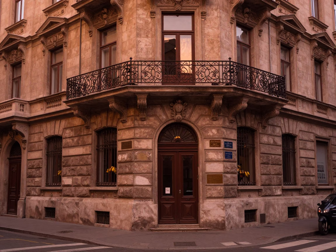 Budapest street scene in copper dusk light with bananas and glass storefront in in Budapest, Hungary