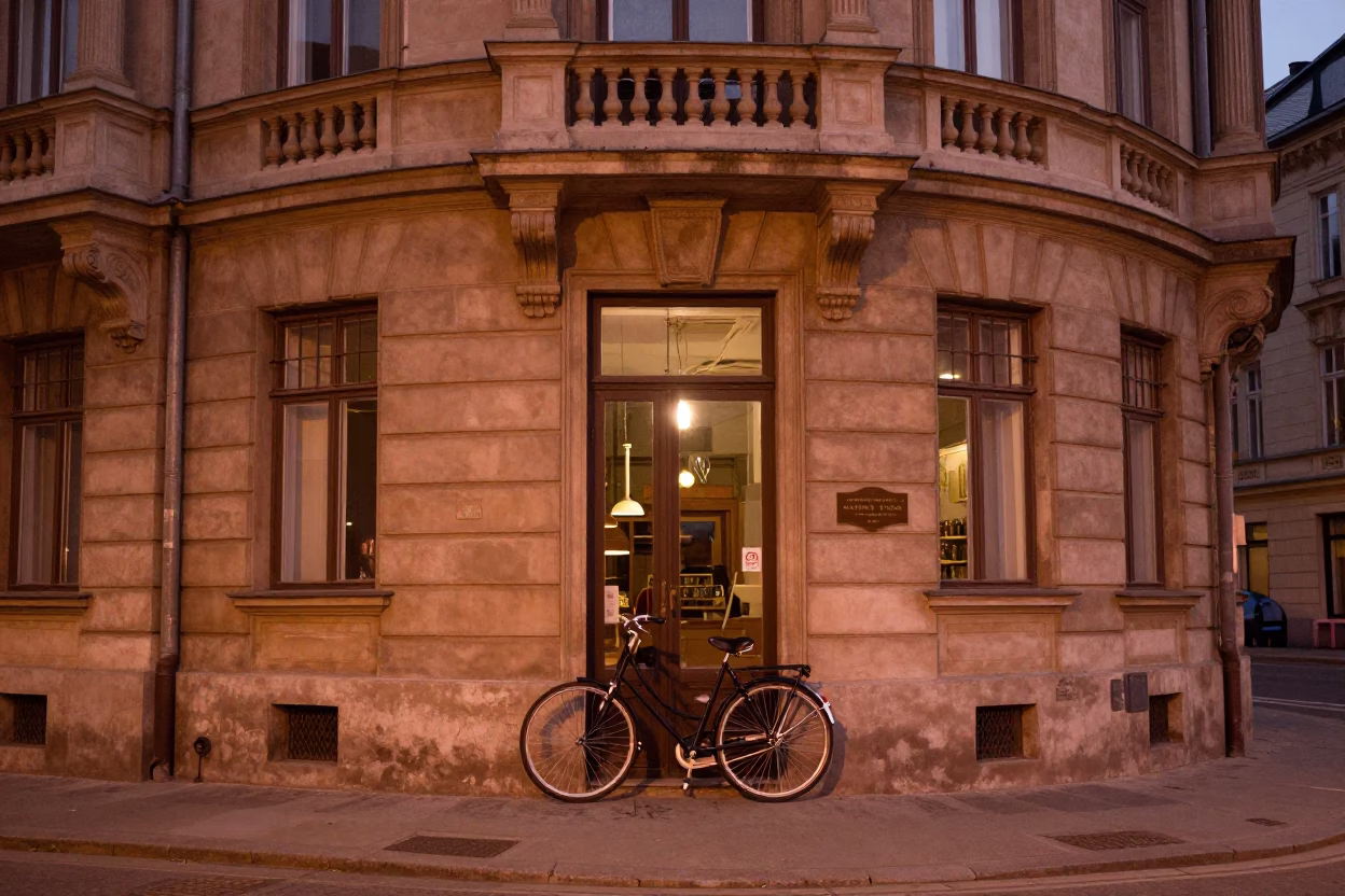 Budapest Street Scene in Copper Dusk Light with Bicycle and Bakery Details in in Budapest, Hungary