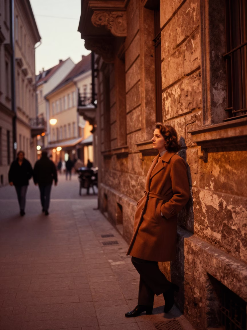 Budapest Street Scene in Copper Toned Light Before Dusk with Local Life in in Budapest, Hungary