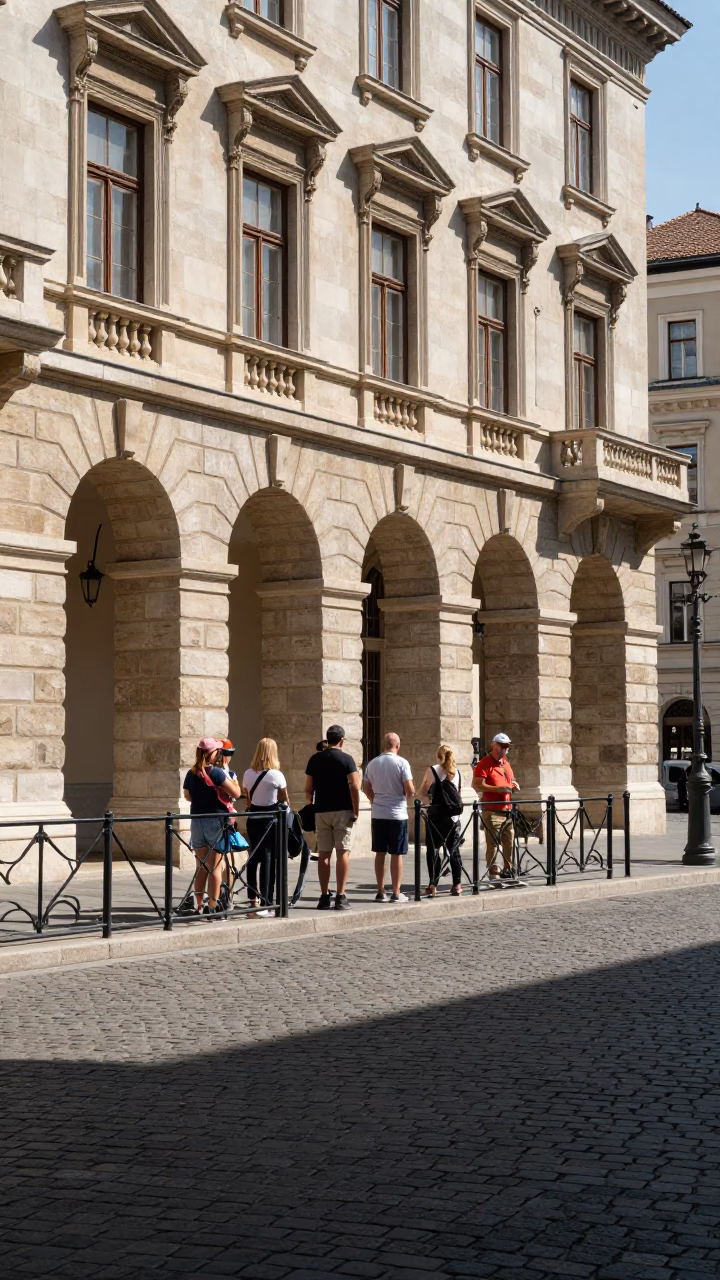 Budapest Street Scene Midday Sunlight on Historic Architecture and Local Pedestrians in in Budapest, Hungary