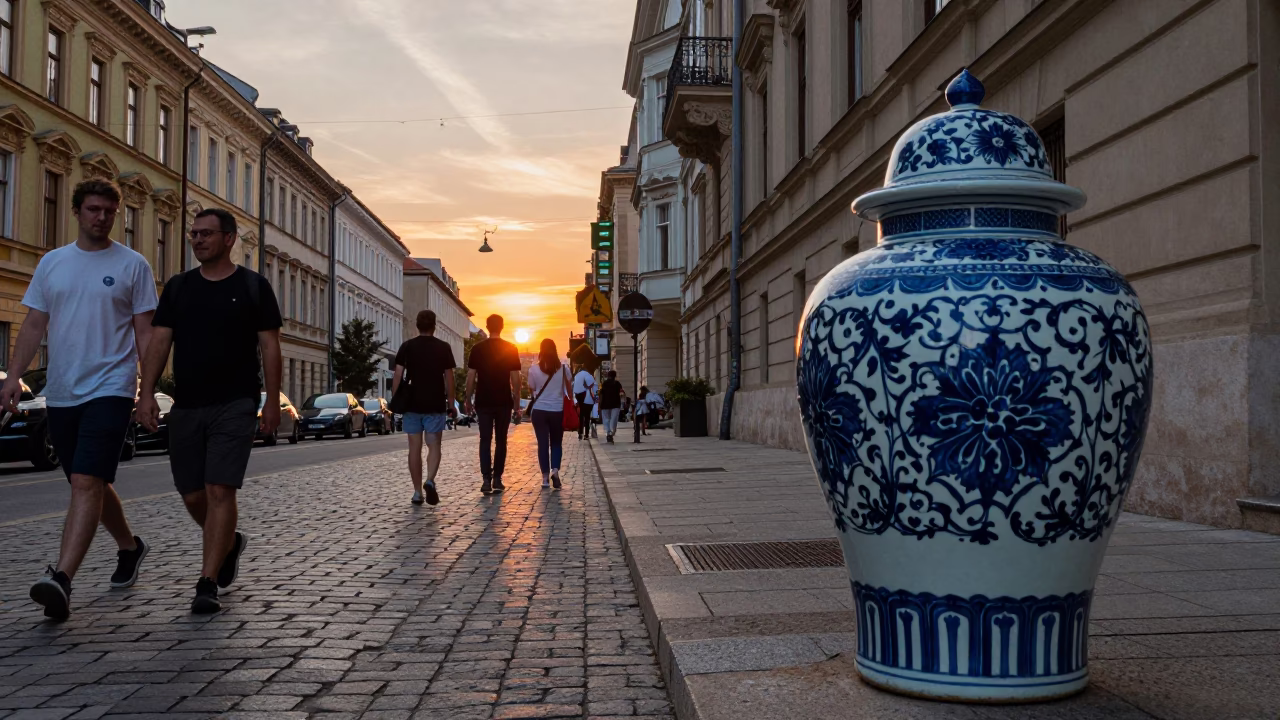 Budapest Street Scene with Blue and White Porcelain Jar at Sunset in in Budapest, Hungary