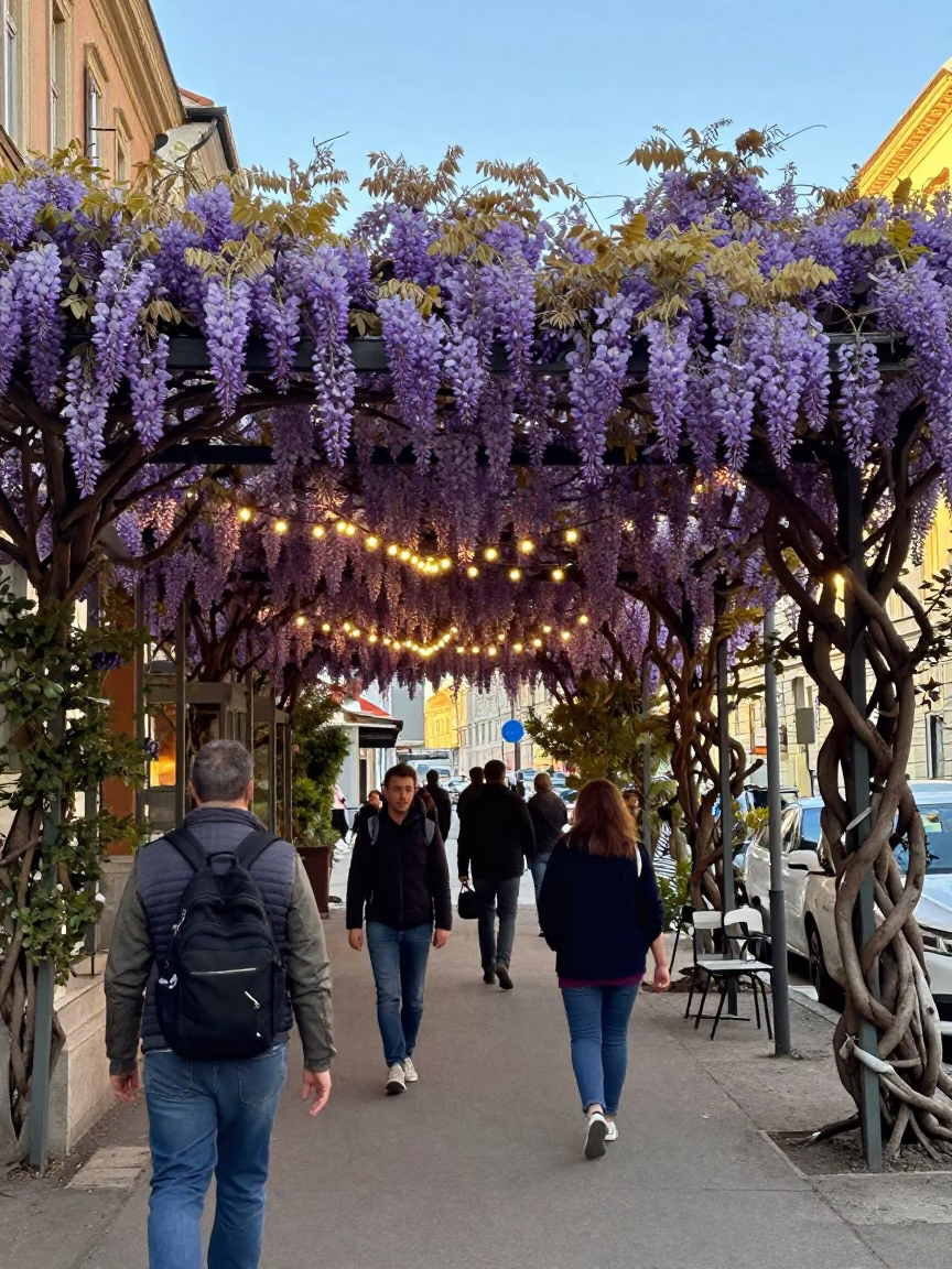 Budapest street scene with wisteria tunnel and string lights in late afternoon in in Budapest, Hungary