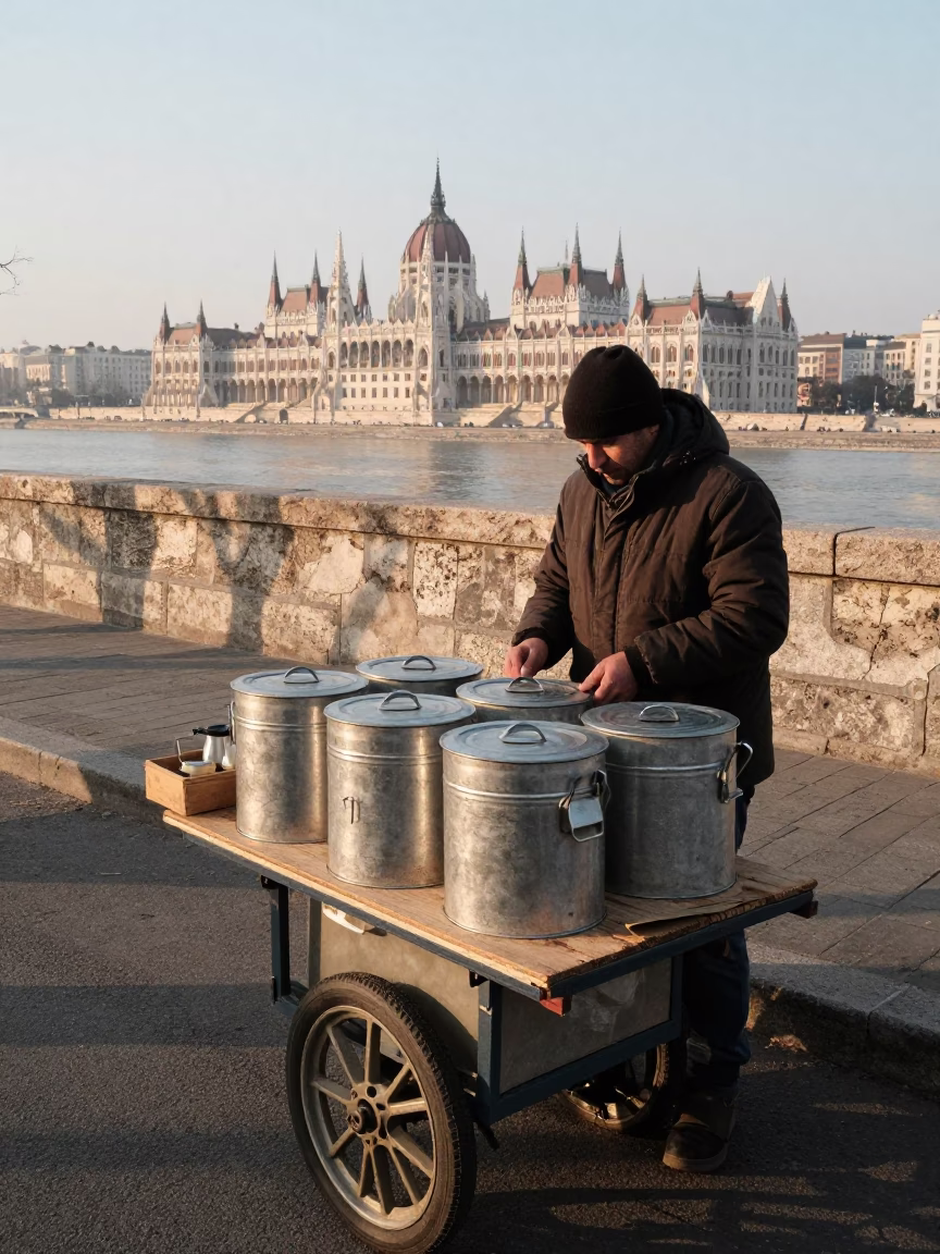 Budapest Street Vendor Morning Scene with Metal Tins and Porcelain in in Budapest, Hungary