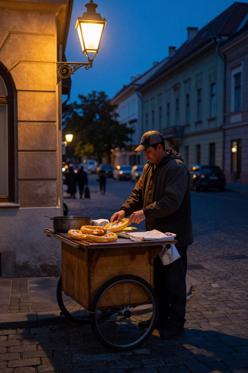 Budapest Street Vendor Preparing Lángos in Predawn Darkness with Flour and Oil in in Budapest, Hungary