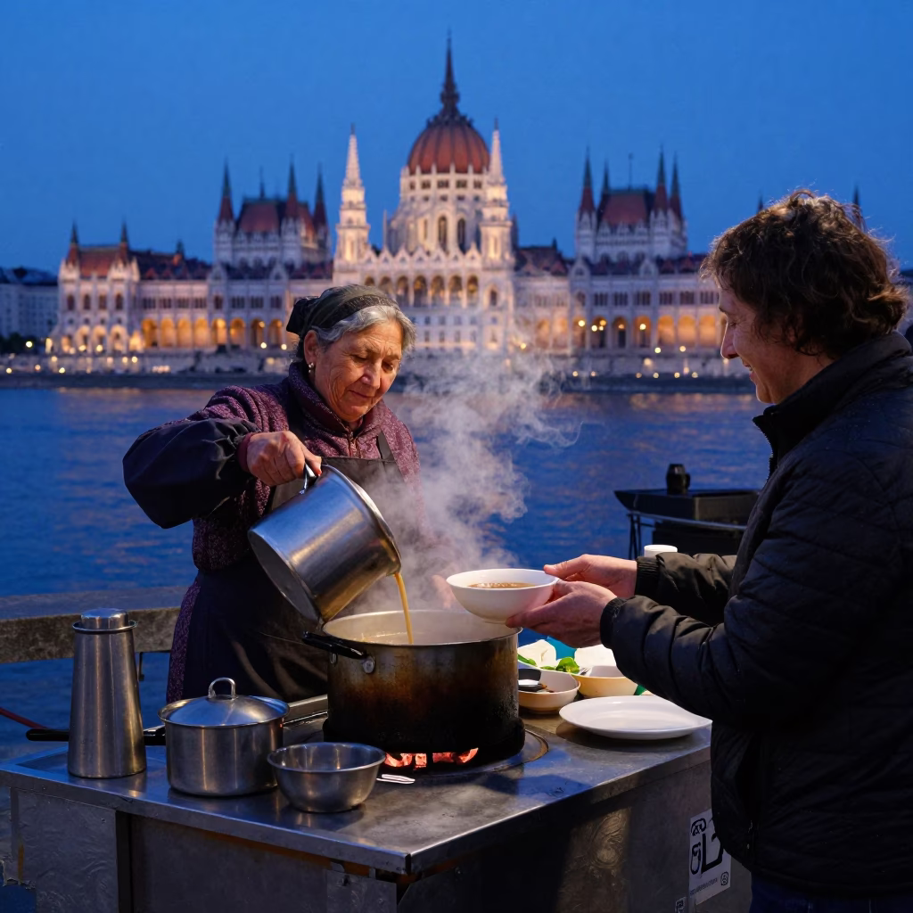 Budapest Street Vendor Serving Hot Soup in Indigo Twilight with Steam Rising in in Budapest, Hungary
