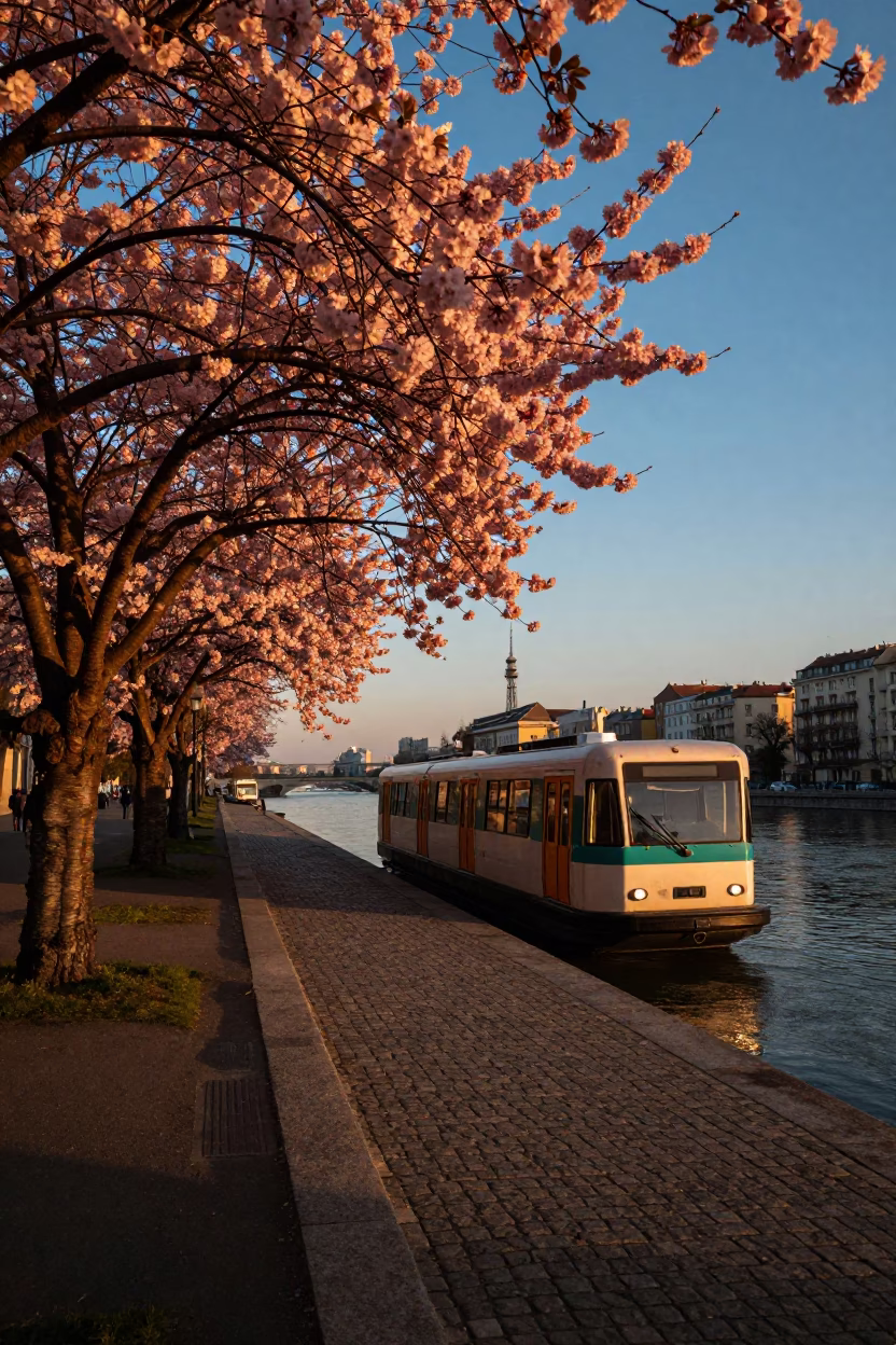 Budapest Sunset Canal Scene with Cherry Trees and Metro Train in in Budapest, Hungary