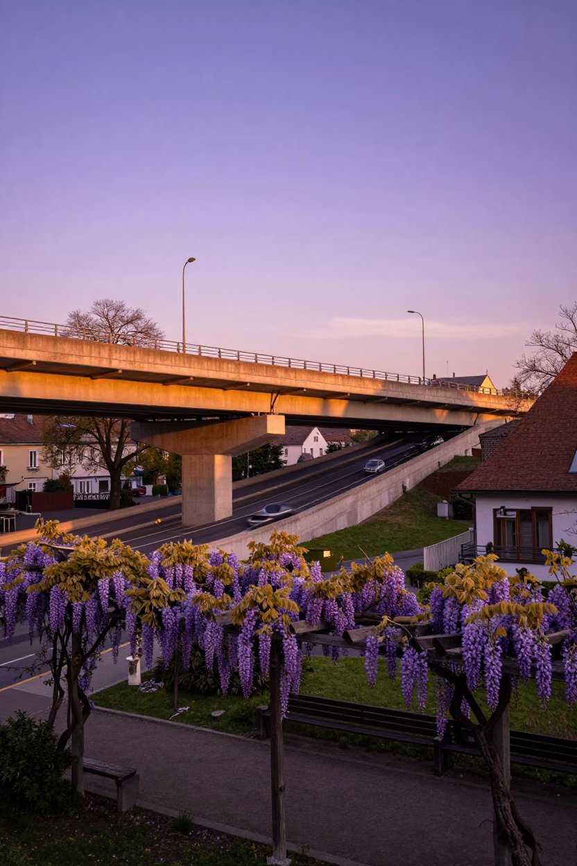 Budapest Sunset Over Overpass Ramp and Wisteria Pergola in in Budapest, Hungary