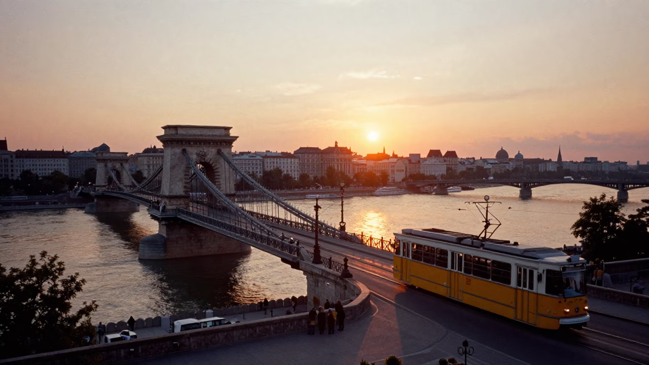 Budapest Sunset Panorama with Trams and Danube River Views in in Budapest, Hungary