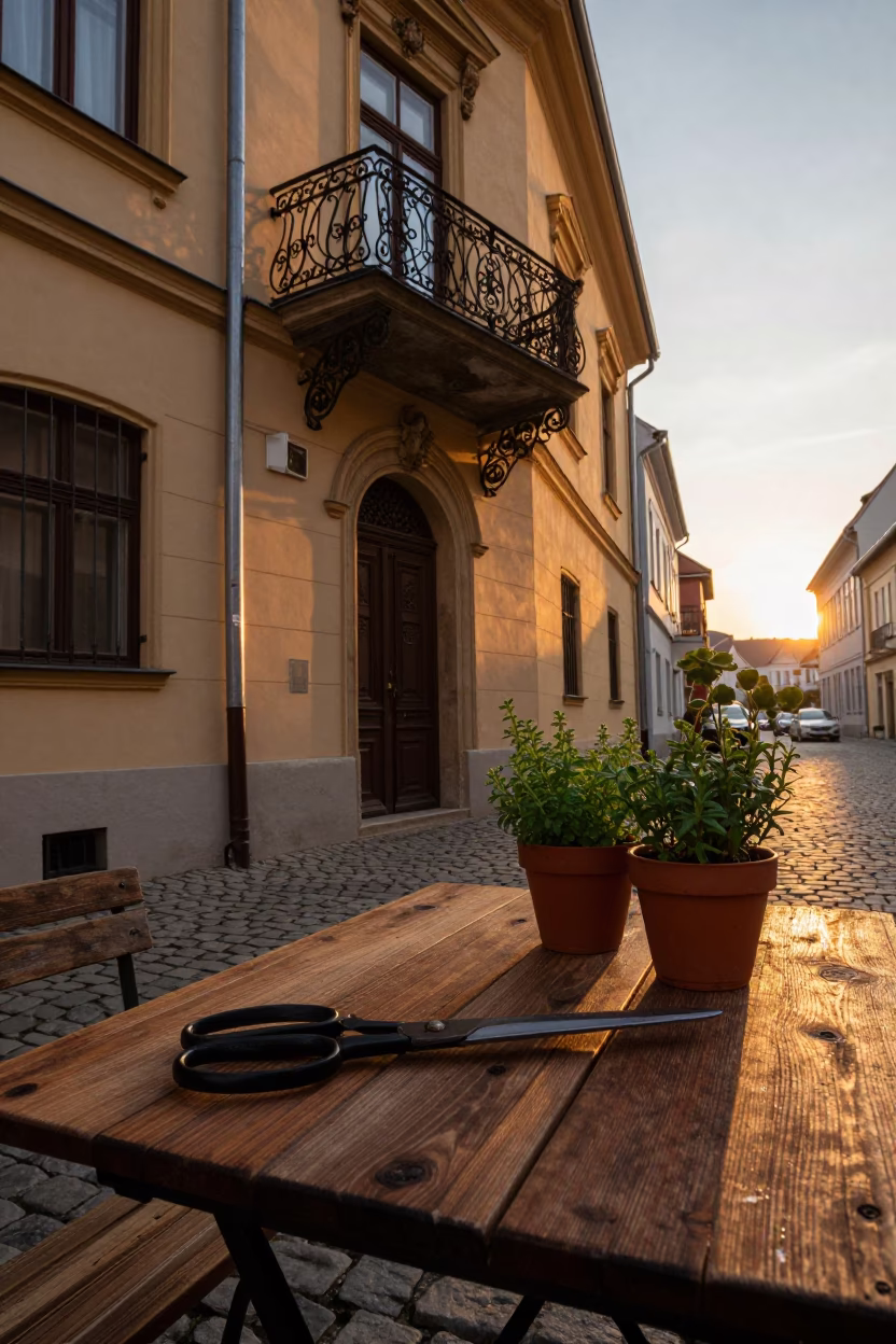 Budapest Sunset Street Scene with Tailor Shears and Potted Herbs in in Budapest, Hungary