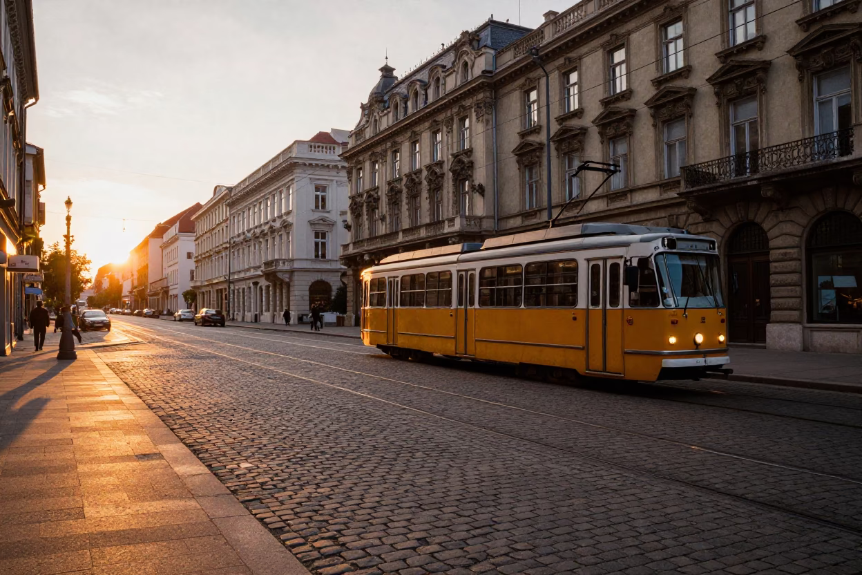 Budapest sunset street scene with tram tracks and heritage architecture in Hungary in in Budapest, Hungary