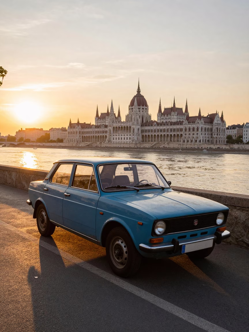 Budapest Sunset Street Scene with Vintage 1970s Car and Lichen-Covered Conifer in in Budapest, Hungary